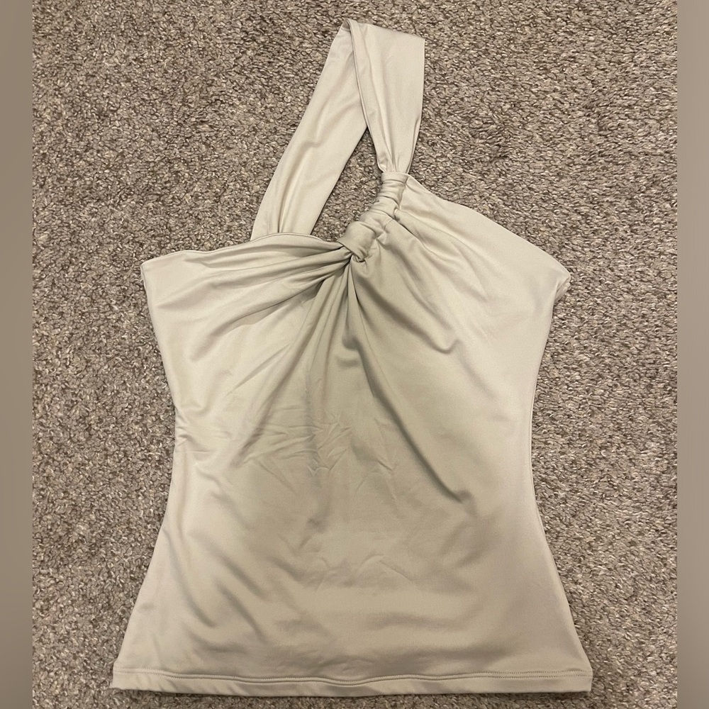 Abercrombie “asymmetrical glossy rib knotted top”